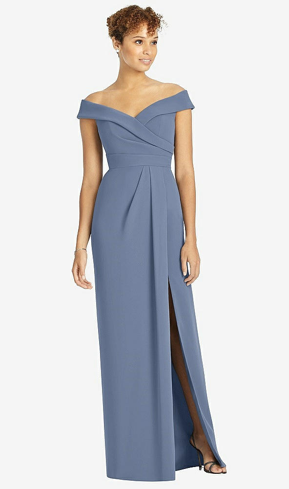 【STYLE: 4540】Cuffed Off-the-Shoulder Faux Wrap Maxi Dress with Front Slit【COLOR: Larkspur Blue】
