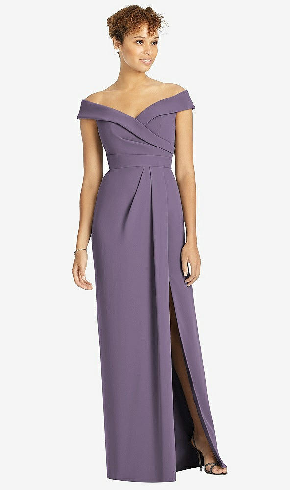 【STYLE: 4540】Cuffed Off-the-Shoulder Faux Wrap Maxi Dress with Front Slit【COLOR: Lavender】