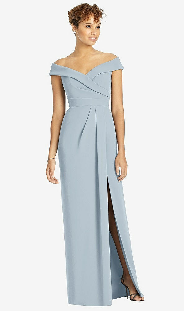 【STYLE: 4540】Cuffed Off-the-Shoulder Faux Wrap Maxi Dress with Front Slit【COLOR: Mist】