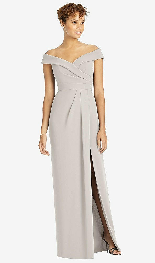 【STYLE: 4540】Cuffed Off-the-Shoulder Faux Wrap Maxi Dress with Front Slit【COLOR: Oyster】