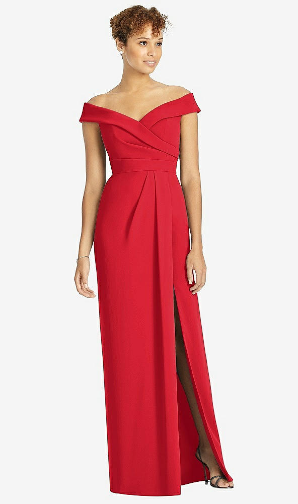 【STYLE: 4540】Cuffed Off-the-Shoulder Faux Wrap Maxi Dress with Front Slit【COLOR: Parisian Red】