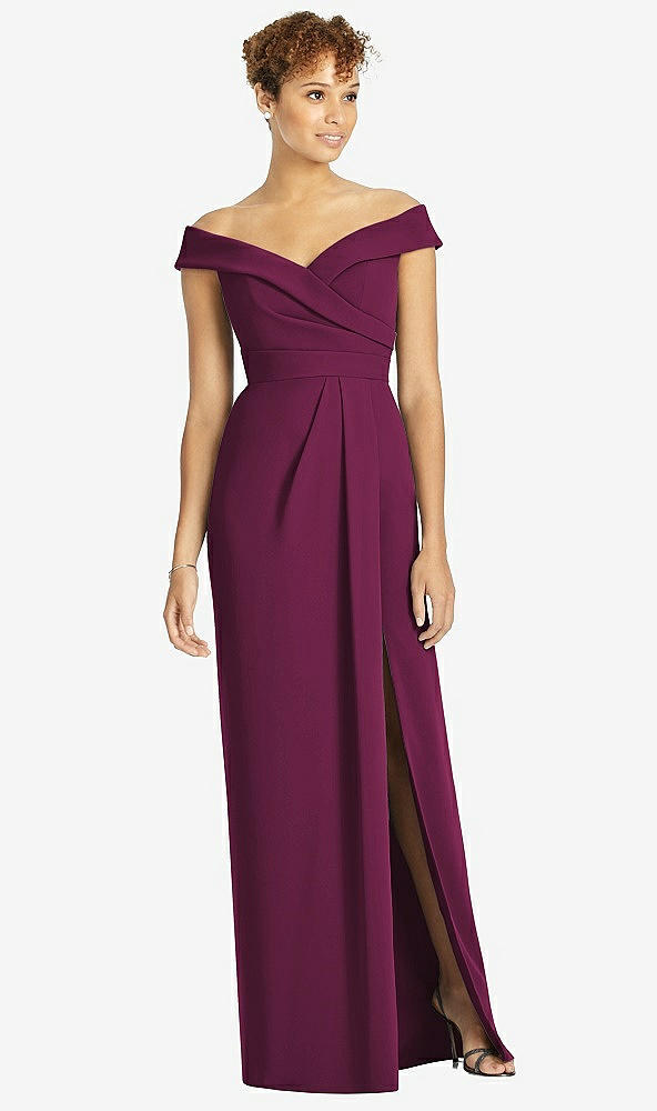 【STYLE: 4540】Cuffed Off-the-Shoulder Faux Wrap Maxi Dress with Front Slit【COLOR: Ruby】