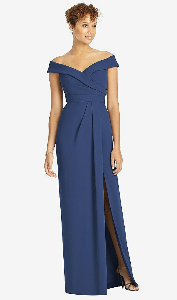 【STYLE: 4540】Cuffed Off-the-Shoulder Faux Wrap Maxi Dress with Front Slit【COLOR: Sailor】