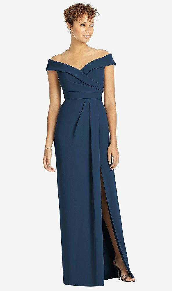 【STYLE: 4540】Cuffed Off-the-Shoulder Faux Wrap Maxi Dress with Front Slit【COLOR: Sofia Blue】
