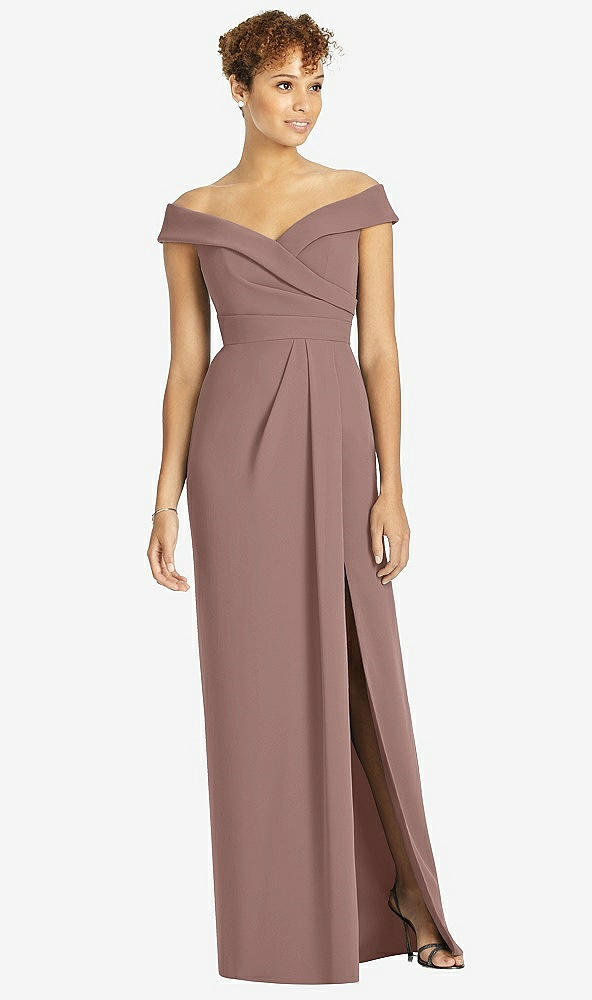 【STYLE: 4540】Cuffed Off-the-Shoulder Faux Wrap Maxi Dress with Front Slit【COLOR: Sienna】