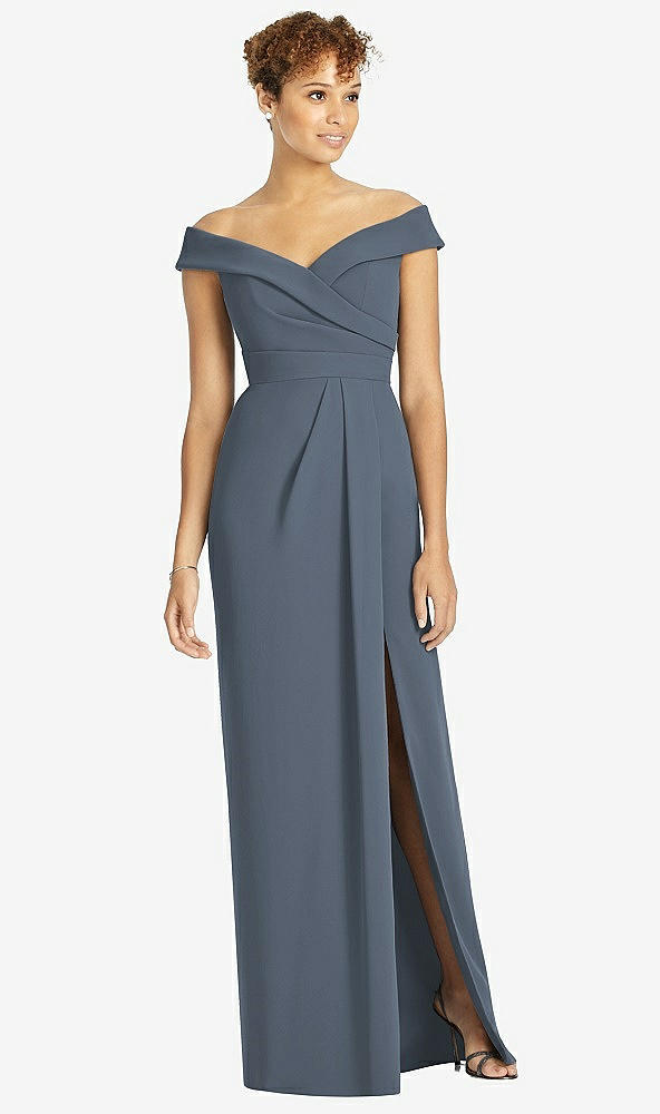 【STYLE: 4540】Cuffed Off-the-Shoulder Faux Wrap Maxi Dress with Front Slit【COLOR: Silverstone】