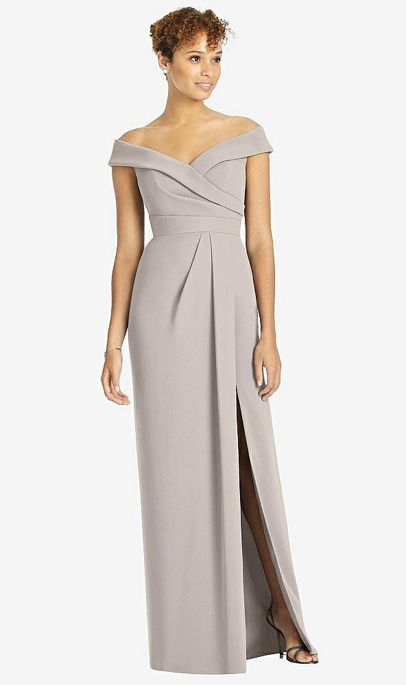 【STYLE: 4540】Cuffed Off-the-Shoulder Faux Wrap Maxi Dress with Front Slit【COLOR: Taupe】