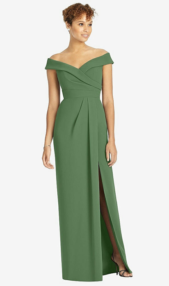 【STYLE: 4540】Cuffed Off-the-Shoulder Faux Wrap Maxi Dress with Front Slit【COLOR: Vineyard Green】