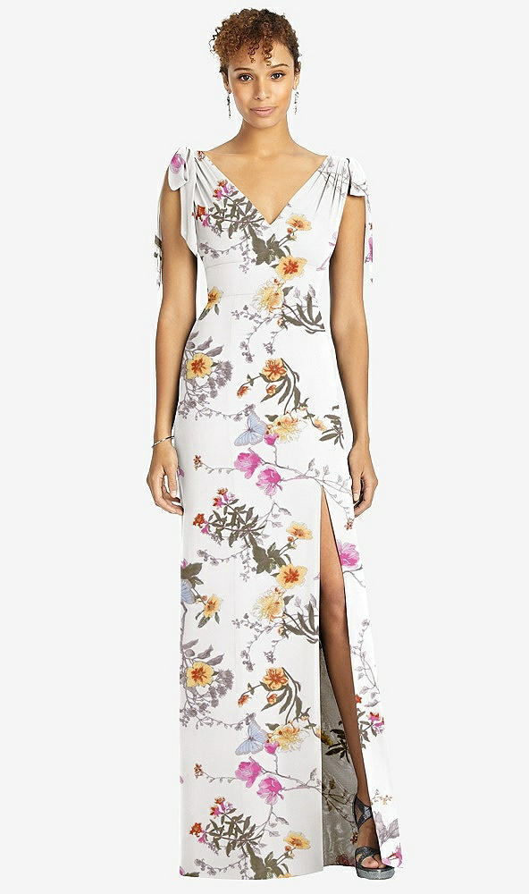 【STYLE: 4542】Bow-Shoulder Sleeveless Deep V-Back Mermaid Dress【COLOR: Butterfly Botanica Ivory】