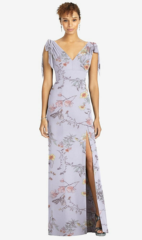 【STYLE: 4542】Bow-Shoulder Sleeveless Deep V-Back Mermaid Dress【COLOR: Butterfly Botanica Silver Dove】