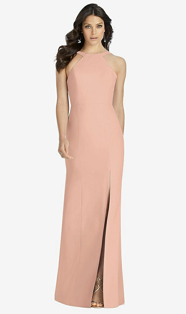 【NEW】【STYLE: 3039】ハイネック バックレス クレープ トランペット ガウン【COLOR: Pale Peach】【SIZE: 00-30W】