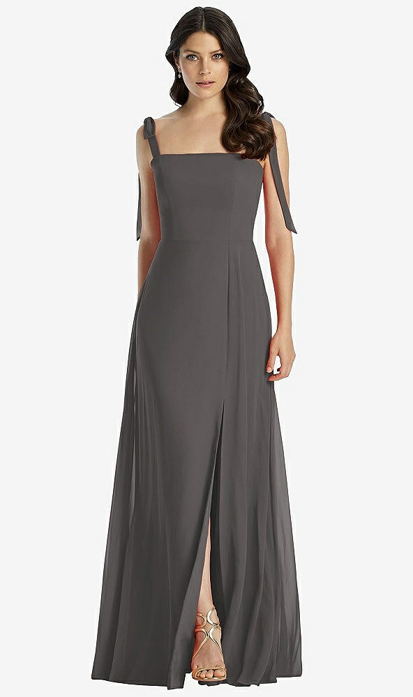 【STYLE: 3042】Tie-Shoulder Chiffon Maxi Dress with Front Slit【COLOR: Caviar Gray】