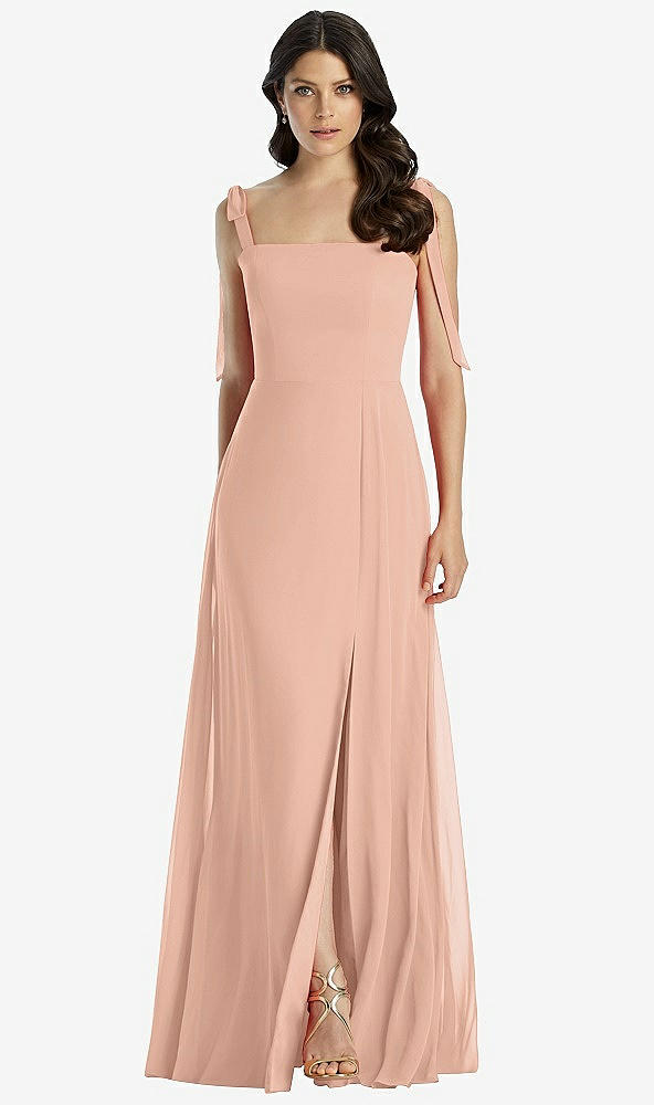【STYLE: 3042】Tie-Shoulder Chiffon Maxi Dress with Front Slit【COLOR: Pale Peach】