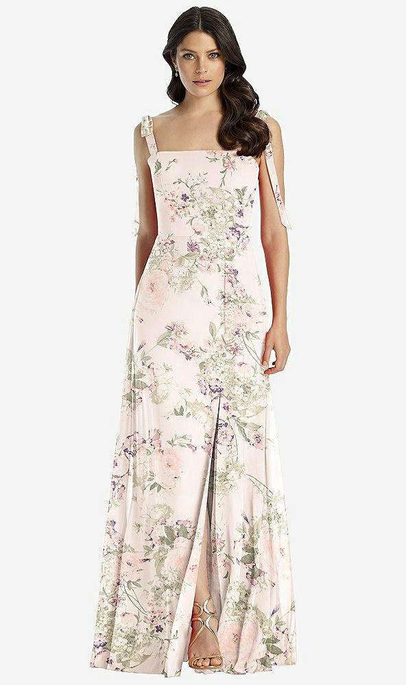 【NEW】【STYLE: 3042】タイショルダー シフォン マキシ ドレス 前面 スリット【COLOR: Blush Garden】【SIZE: 00-30W】