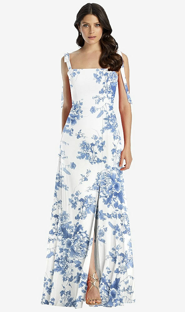 【NEW】【STYLE: 3042】タイショルダー シフォン マキシ ドレス 前面 スリット【COLOR: Cottage Rose Dusk Blue】【SIZE: 00-30W】