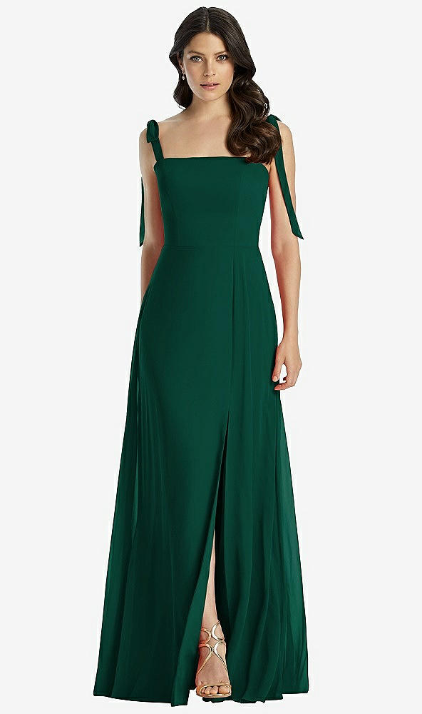 【STYLE: 3042】Tie-Shoulder Chiffon Maxi Dress with Front Slit【COLOR: Hunter Green】