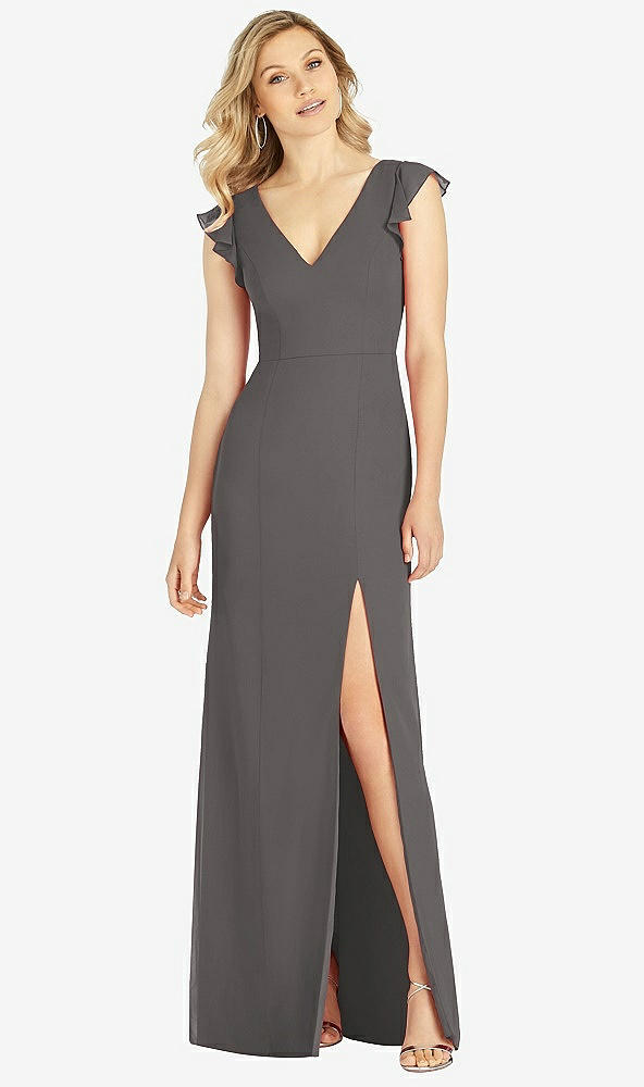 【NEW】【STYLE: 6810】フリル 袖 人魚 ドレス 前面 スリット【COLOR: Caviar Gray】【SIZE: 00-30W】