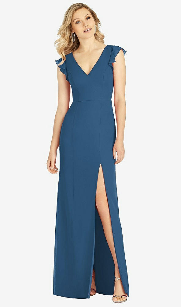 【STYLE: 6810】Ruffled Sleeve Mermaid Dress with Front Slit【COLOR: Dusk Blue】