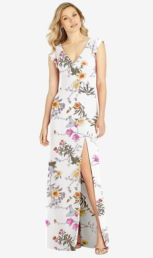 【STYLE: 6810】Ruffled Sleeve Mermaid Dress with Front Slit【COLOR: Butterfly Botanica Ivory】