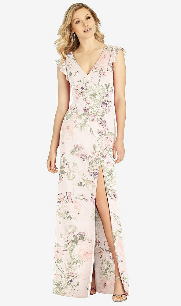 【STYLE: 6810】Ruffled Sleeve Mermaid Dress with Front Slit【COLOR: Blush Garden】