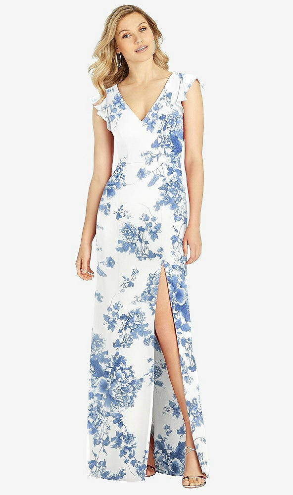 【NEW】【STYLE: 6810】フリル 袖 人魚 ドレス 前面 スリット【COLOR: Cottage Rose Dusk Blue】【SIZE: 00-30W】