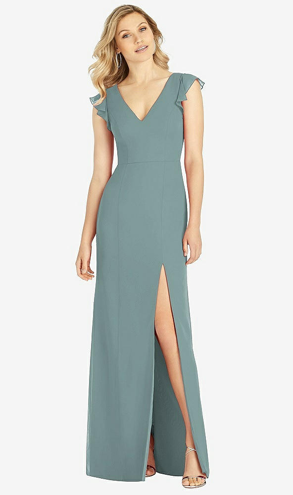 【STYLE: 6810】Ruffled Sleeve Mermaid Dress with Front Slit【COLOR: Icelandic】