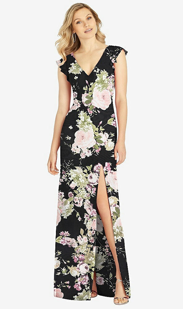 【STYLE: 6810】Ruffled Sleeve Mermaid Dress with Front Slit【COLOR: Noir Garden】