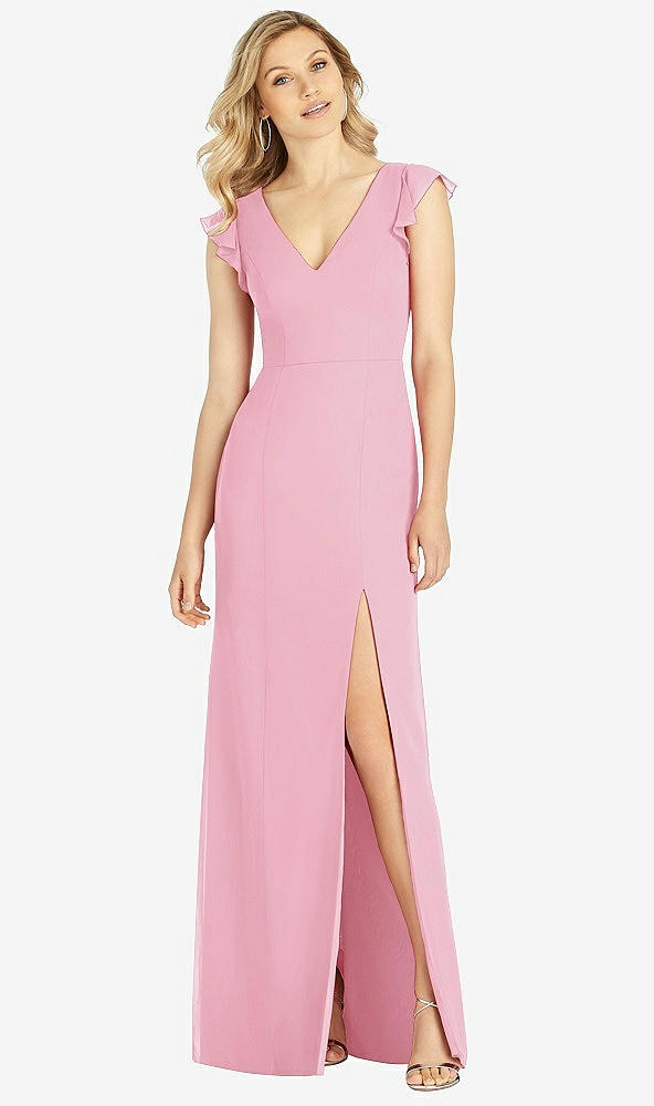 【STYLE: 6810】Ruffled Sleeve Mermaid Dress with Front Slit【COLOR: Peony Pink】