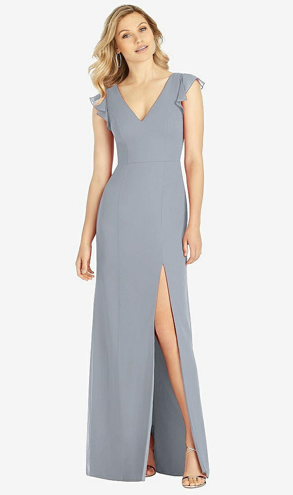 【NEW】【STYLE: 6810】フリル 袖 人魚 ドレス 前面 スリット【COLOR: Platinum】【SIZE: 00-30W】