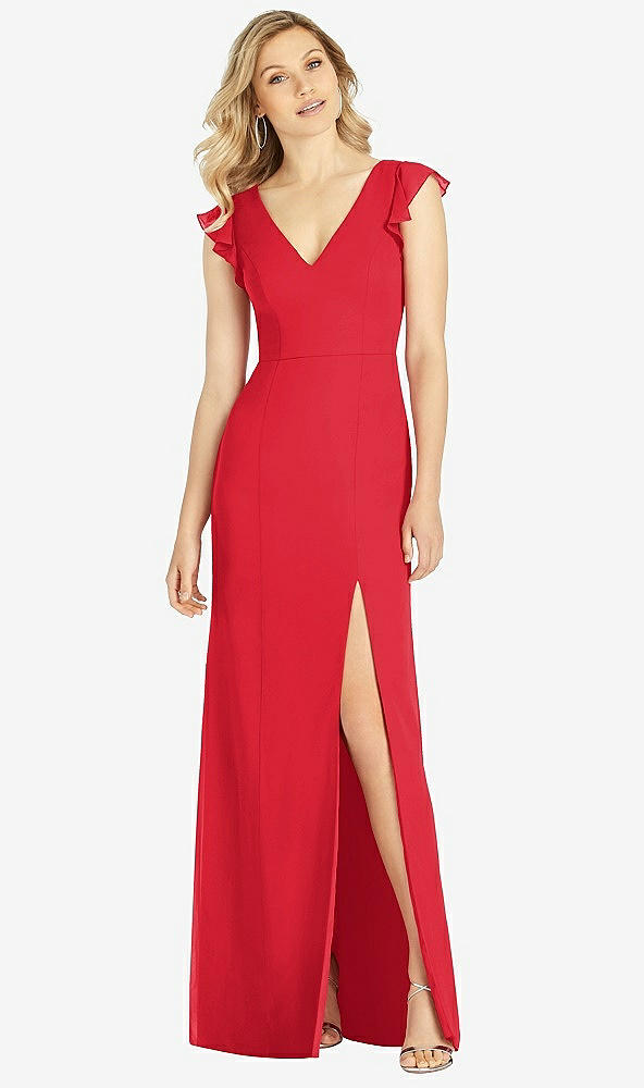 【STYLE: 6810】Ruffled Sleeve Mermaid Dress with Front Slit【COLOR: Parisian Red】