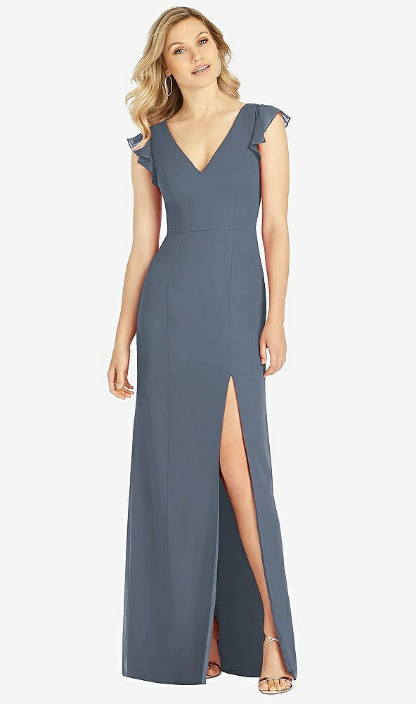 【NEW】【STYLE: 6810】フリル 袖 人魚 ドレス 前面 スリット【COLOR: Silverstone】【SIZE: 00-30W】