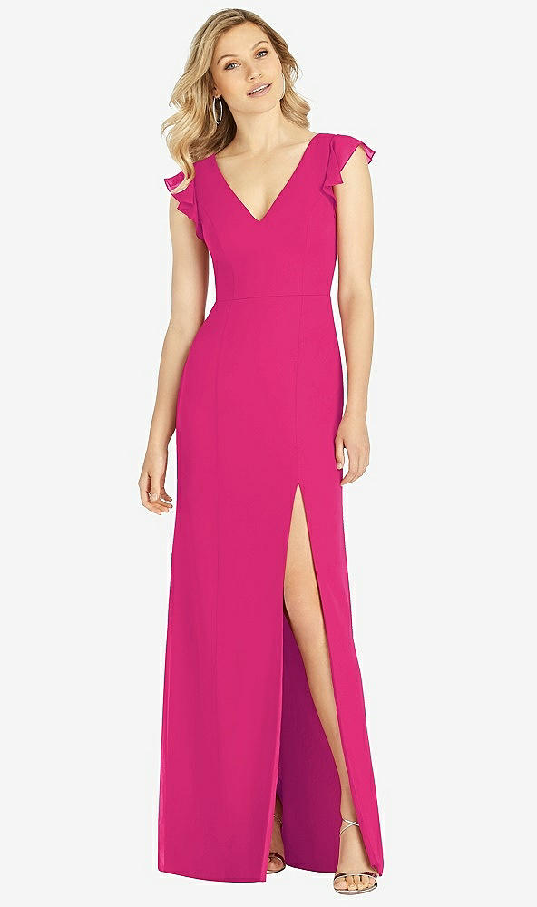 【STYLE: 6810】Ruffled Sleeve Mermaid Dress with Front Slit【COLOR: Think Pink】