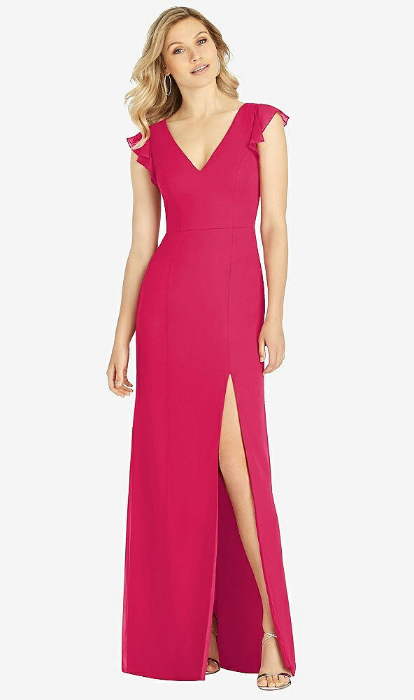 【STYLE: 6810】Ruffled Sleeve Mermaid Dress with Front Slit【COLOR: Vivid Pink】