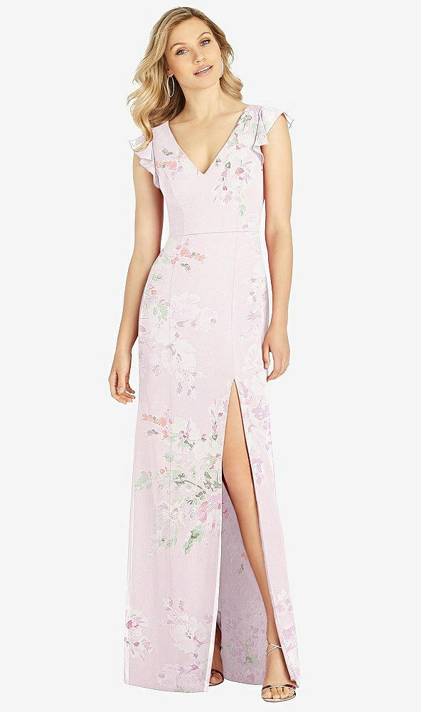 【STYLE: 6810】Ruffled Sleeve Mermaid Dress with Front Slit【COLOR: Watercolor Print】