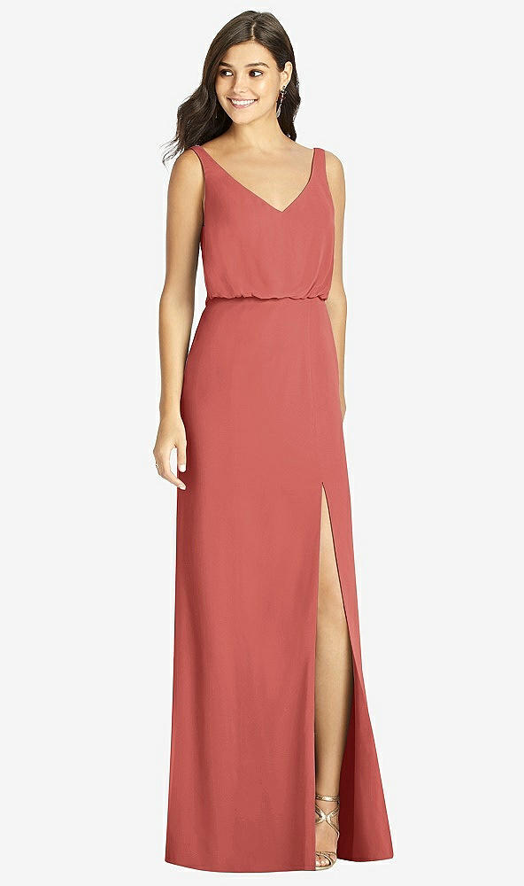【STYLE: TH006】Blouson Bodice Mermaid Dress with Front Slit【COLOR: Coral Pink】
