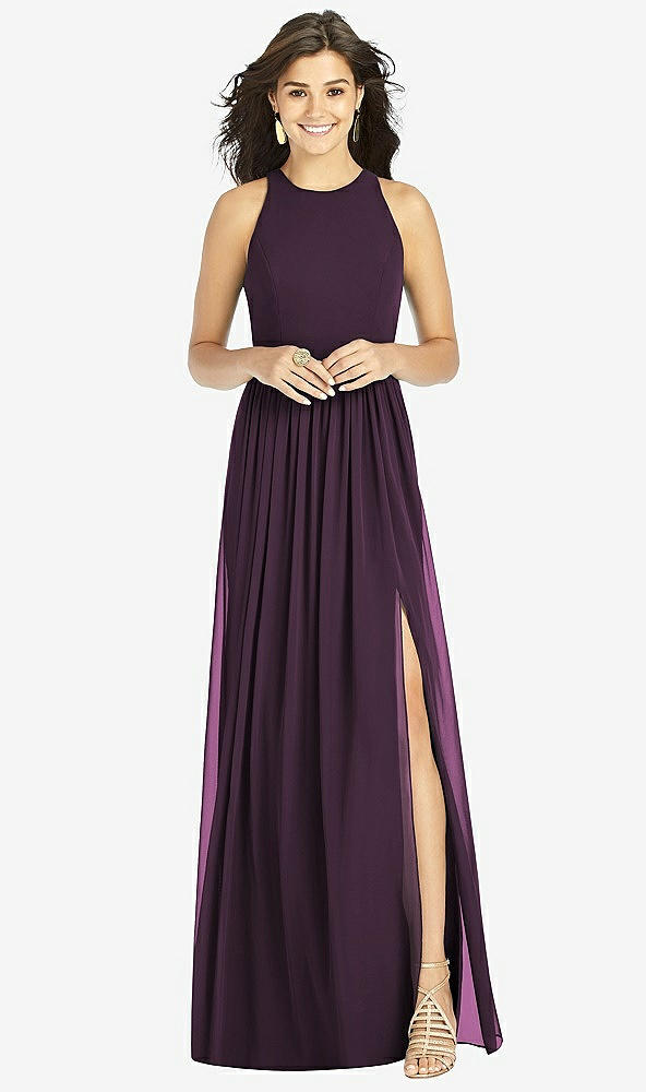 【STYLE: TH008】Shirred Skirt Jewel Neck Halter Dress with Front Slit【COLOR: Aubergine】