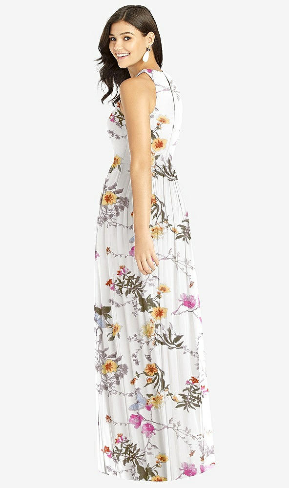 【STYLE: TH008】Shirred Skirt Jewel Neck Halter Dress with Front Slit【COLOR: Butterfly Botanica Ivory】