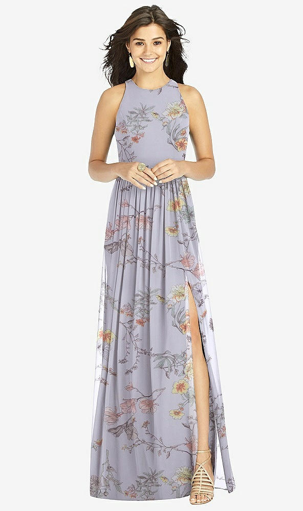 【STYLE: TH008】Shirred Skirt Jewel Neck Halter Dress with Front Slit【COLOR: Butterfly Botanica Silver Dove】