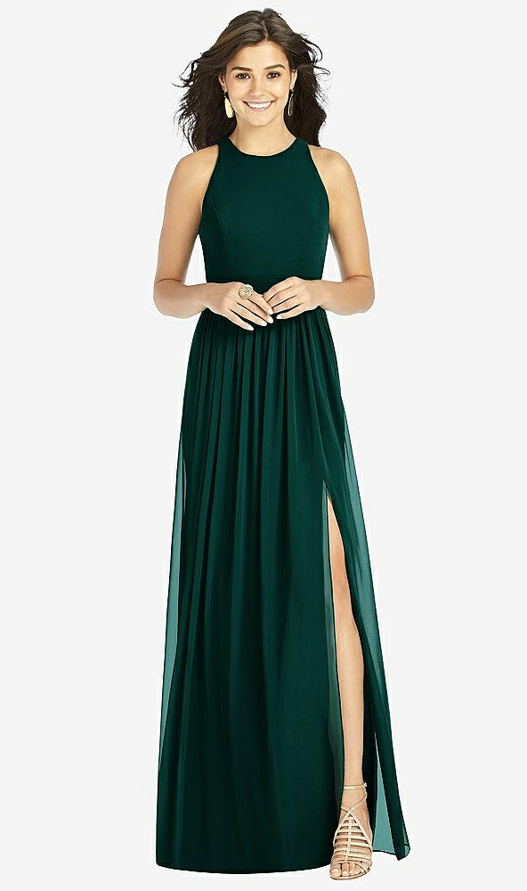 【STYLE: TH008】Shirred Skirt Jewel Neck Halter Dress with Front Slit【COLOR: Evergreen】