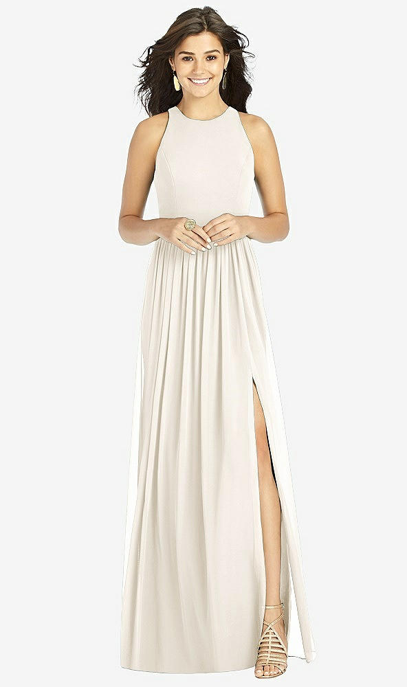 【STYLE: TH008】Shirred Skirt Jewel Neck Halter Dress with Front Slit【COLOR: Ivory】