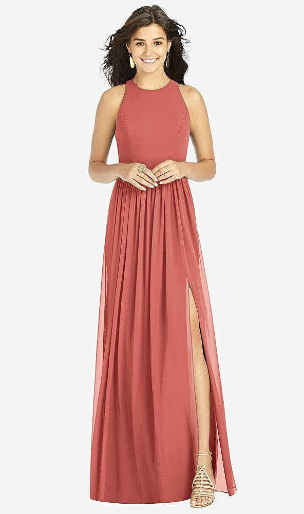 【STYLE: TH008】Shirred Skirt Jewel Neck Halter Dress with Front Slit【COLOR: Coral Pink】