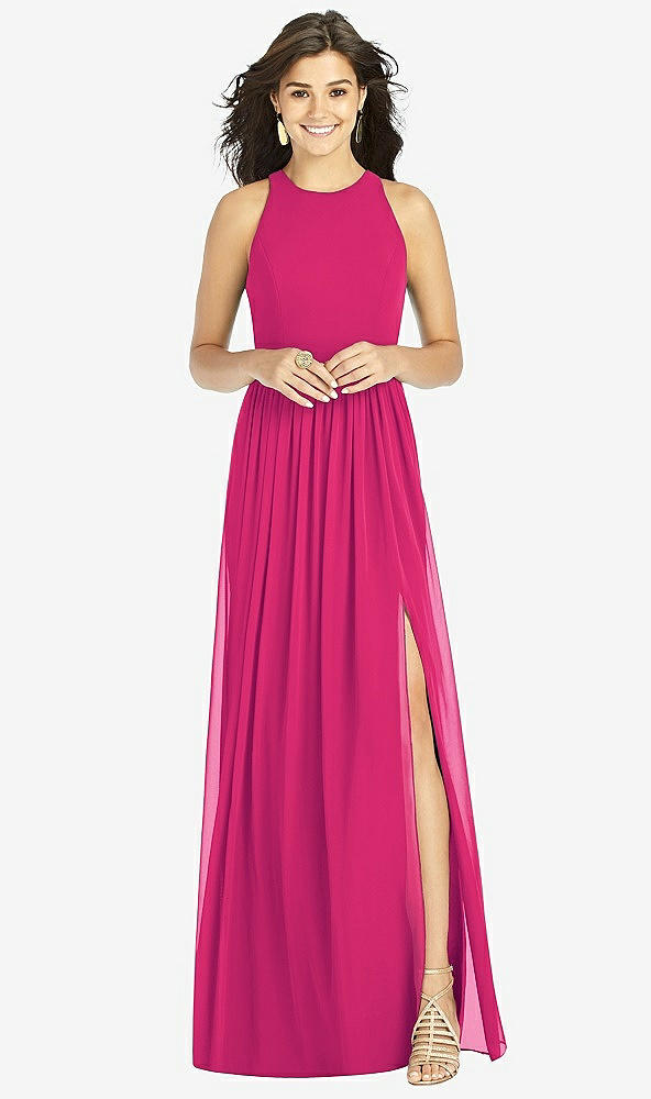 【STYLE: TH008】Shirred Skirt Jewel Neck Halter Dress with Front Slit【COLOR: Think Pink】