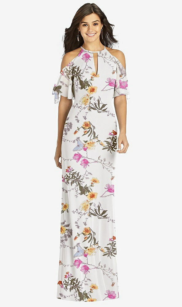 【STYLE: TH010】Ruffle Cold-Shoulder Mermaid Maxi Dress【COLOR: Butterfly Botanica Ivory】