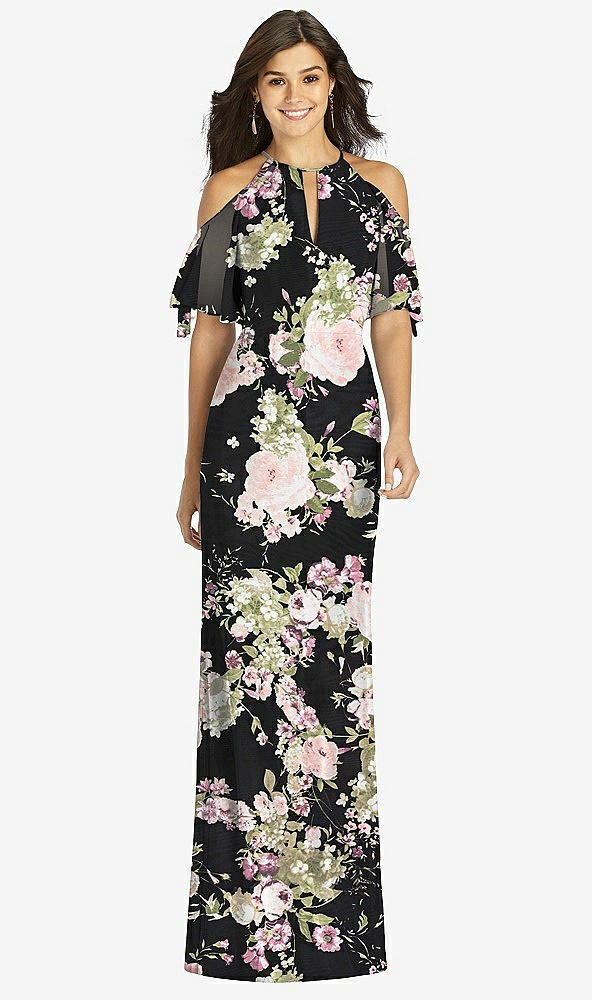 【STYLE: TH010】Ruffle Cold-Shoulder Mermaid Maxi Dress【COLOR: Noir Garden】