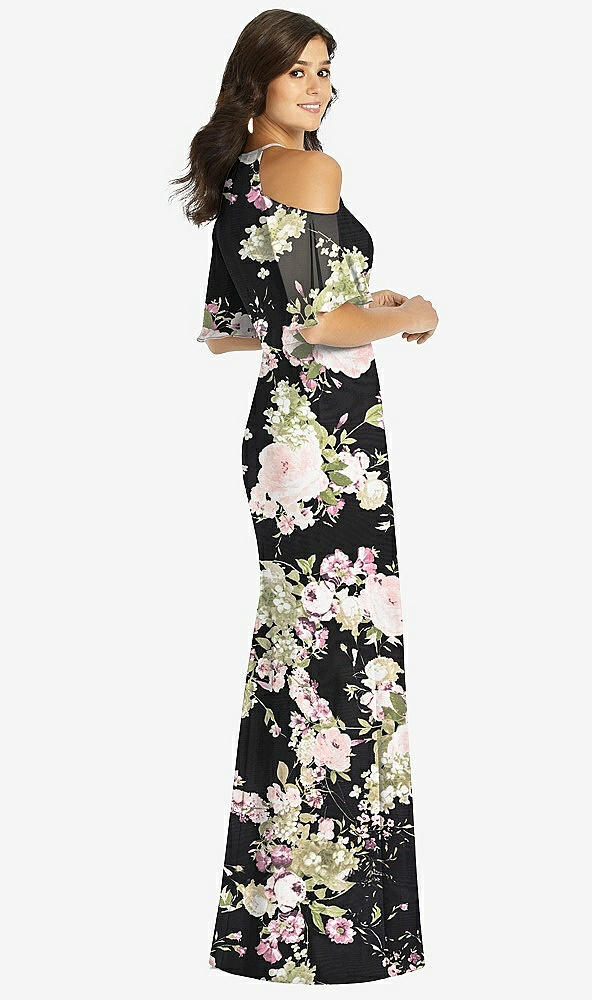 【STYLE: TH010】Ruffle Cold-Shoulder Mermaid Maxi Dress【COLOR: Noir Garden】