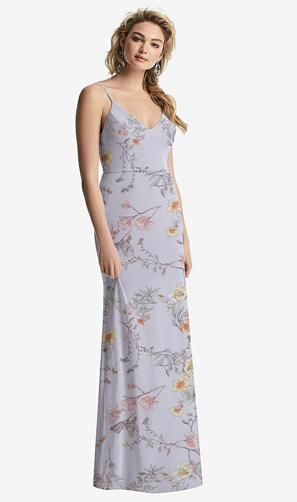 【STYLE: 6815】Shirred Sash Cowl-Back Chiffon Trumpet Gown【COLOR: Butterfly Botanica Silver Dove】