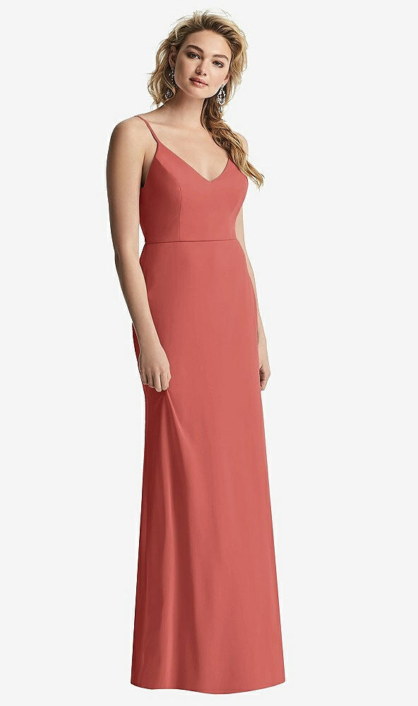 【STYLE: 6815】Shirred Sash Cowl-Back Chiffon Trumpet Gown【COLOR: Coral Pink】