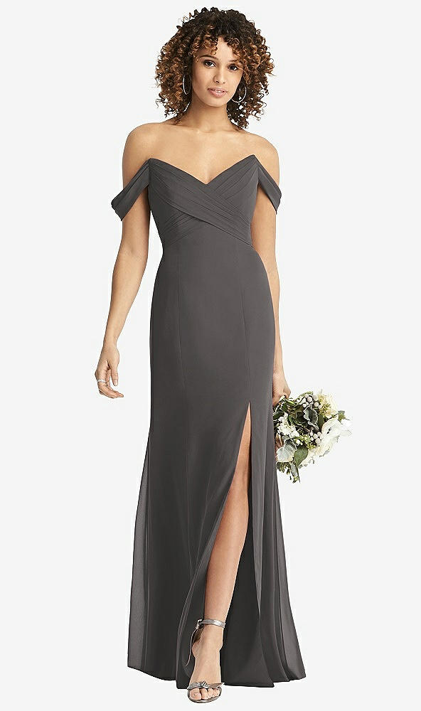【STYLE: 8193】Off-the-Shoulder Criss Cross Bodice Trumpet Gown【COLOR: Caviar Gray】