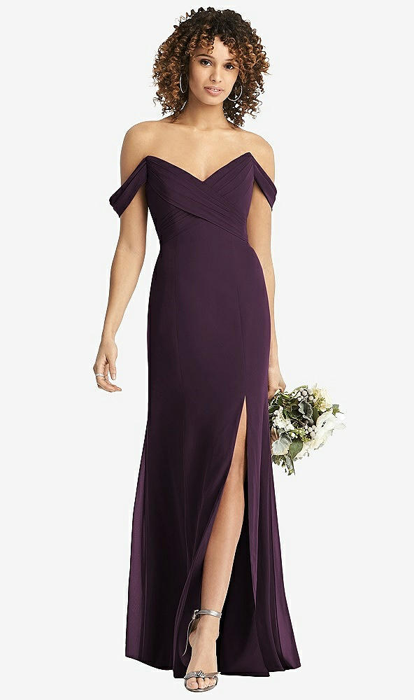 【STYLE: 8193】Off-the-Shoulder Criss Cross Bodice Trumpet Gown【COLOR: Aubergine】