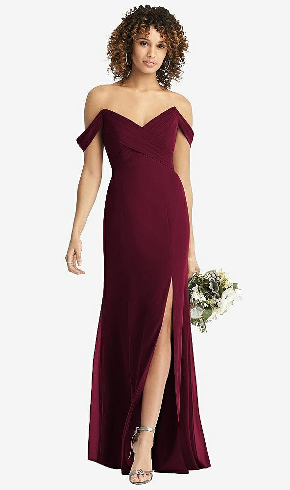 【STYLE: 8193】Off-the-Shoulder Criss Cross Bodice Trumpet Gown【COLOR: Cabernet】